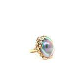 14k Yellow Gold Large Mabe Pearl 22"- 25"/ Round Diamond Vintage Ring